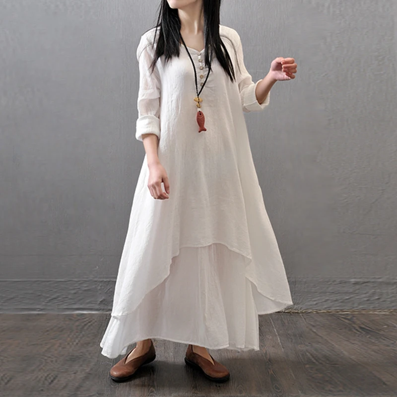 

Literary Large Swing Linen Dress Loose Long-Sleeved Cotton and Linen Skirt