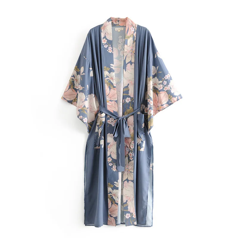 

2021 Korean women's summer new product peacock printing robe and kimono bandage dresses Ladies night gown V-Neck dress for women