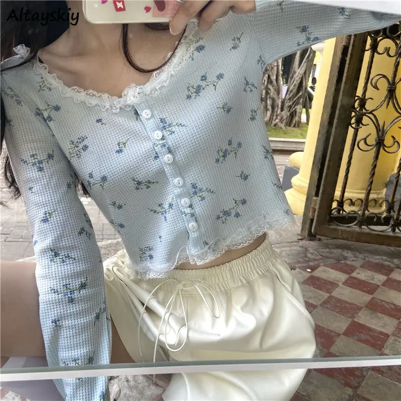 Women Cardigan Sweet Crop Top Design Patchwork Lace Floral Gentle Students All-match Retro Single Breasted Korean Style Chic Ins