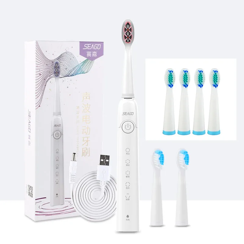 white with 4 pcs 899 SEAGO Sonic автоматическая щетка для взрослых, Здоровье полости рта, умная зубная щетка с таймером и 7 сменными головками - Цвет: white with 4 pcs 899