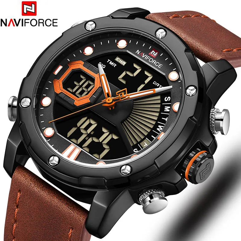 Brown Black Orange Naviforce аналоговые цифровые часы мужские мужские часы светодиодные цифровые мужские часы спортивные 30 м водонепроницаемые Модные наручные часы Мужские часы - Цвет: Brown Black Orange