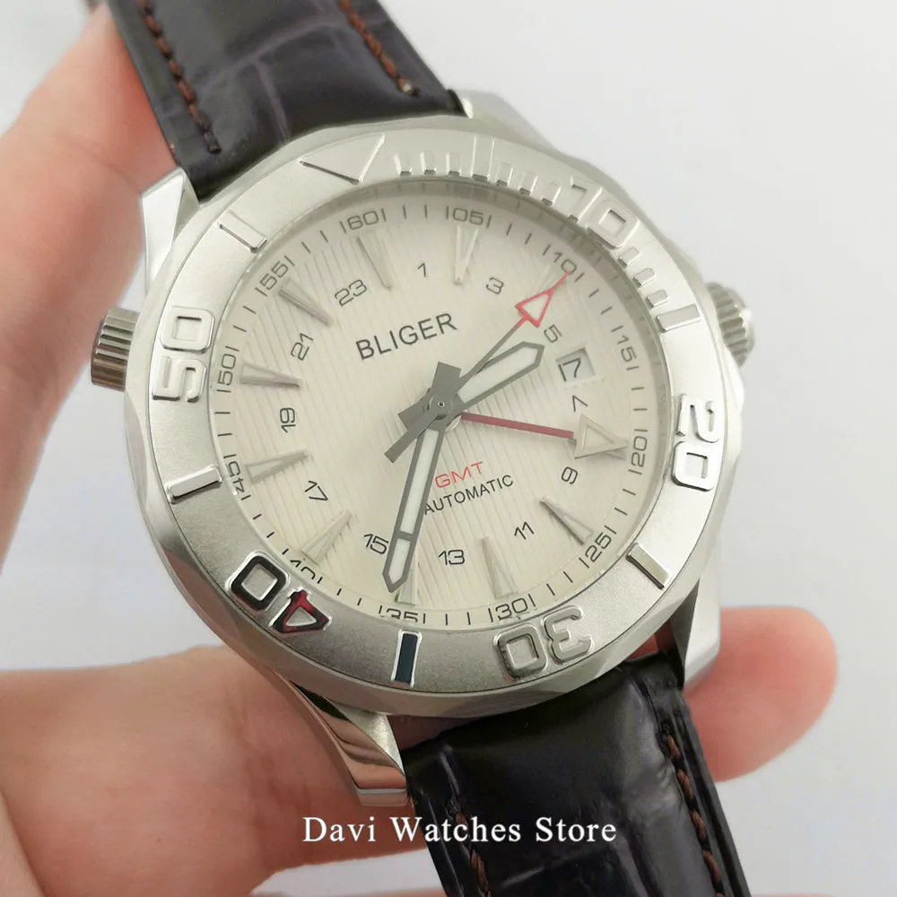 Новинка 41 мм Bliger/стерильный белый/черный/синий циферблат светящаяся функция GMT