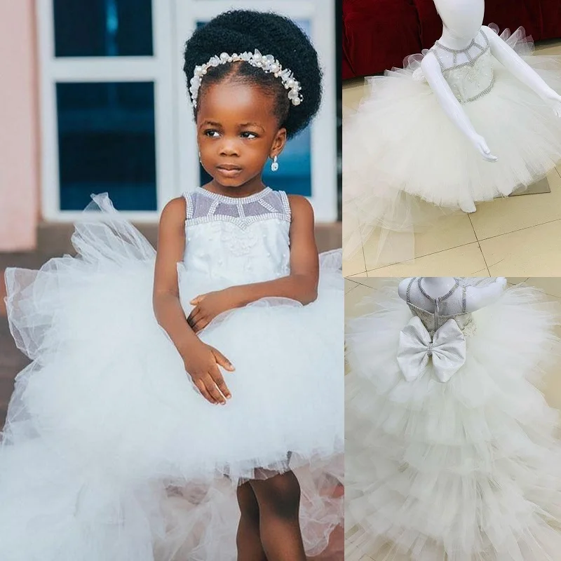 

Crystals Lace Flower Girl Dresses Sheer Neck Hi-Lo Ball Gown Tulle Lilttle Kids Birthday Pageant Weddding Gowns