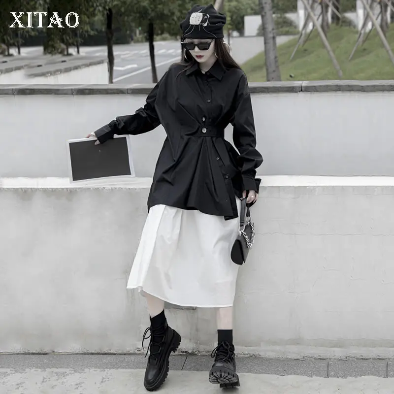 

XITAO, однотонная Черная Женская рубашка, асимметричная, бандажная, сложная, соединенная, с усадочной талией, свободная, модная, длинная рубашк...