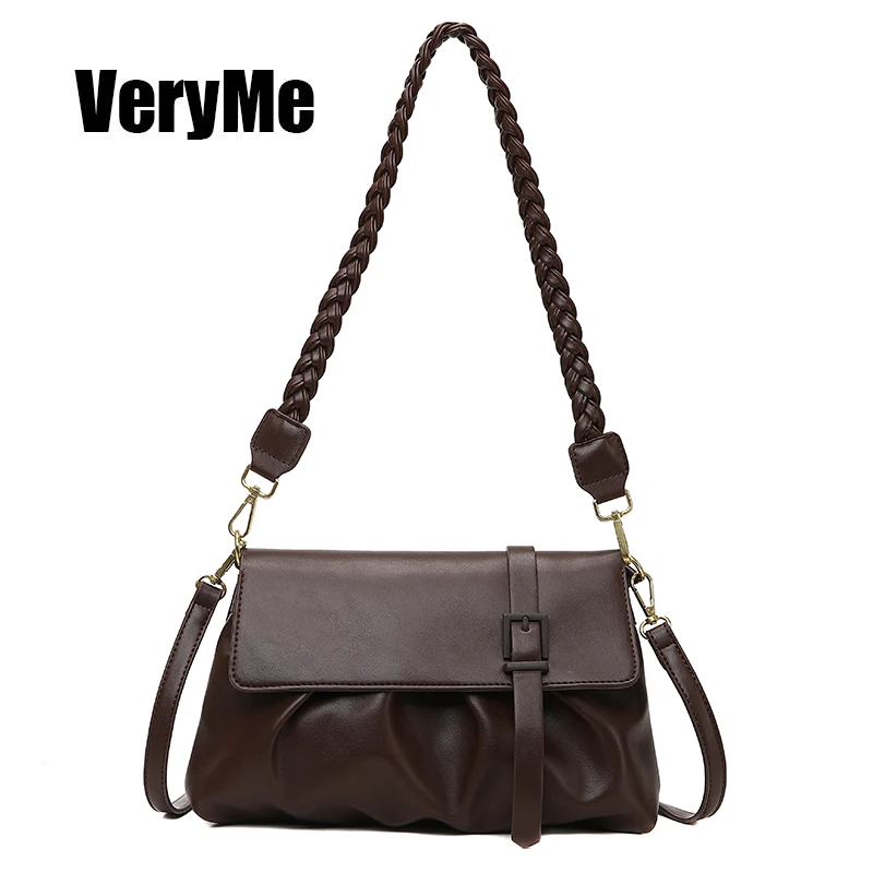 

VeryMe Women Leather Pleated Shoulder Bag Female Daily Dumpling Hobo Handbag Popular Simple Crossbody Pack New Bolsos Para Mujer