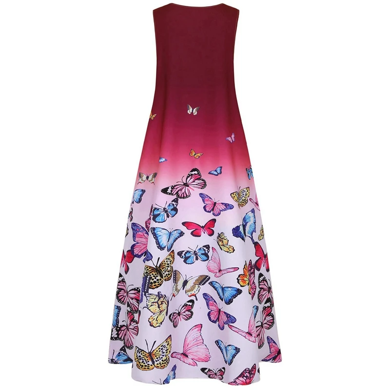 

2x Women Butterfly Print Daily Loose Sleeveless Vintage Boho V Neck Maxi Dress Summer Female XXL Robe Red/Purple