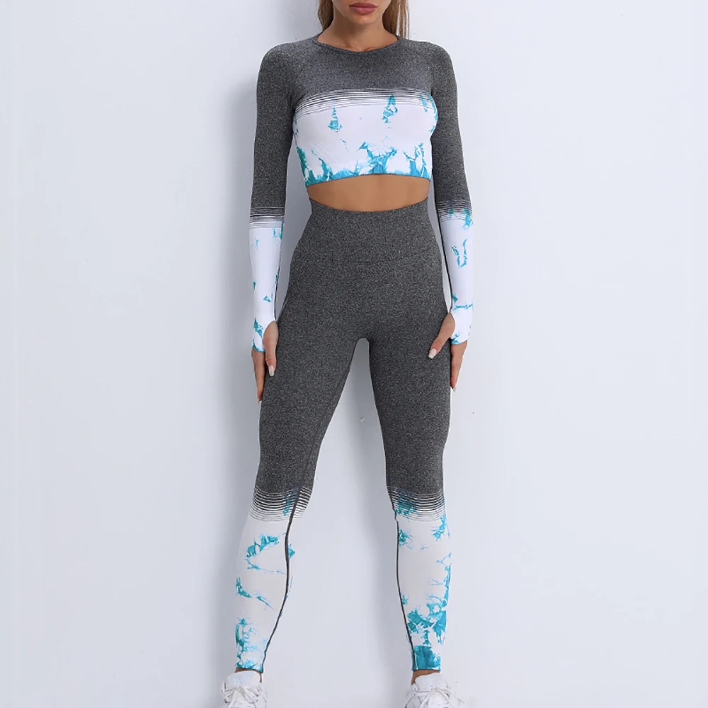 Printed Yoga Set Women Gym Set Sport Suit Fitness Gym Clothing Women Sportswear 2 Piece Sports Set Long Sleeve Workout Set Femme