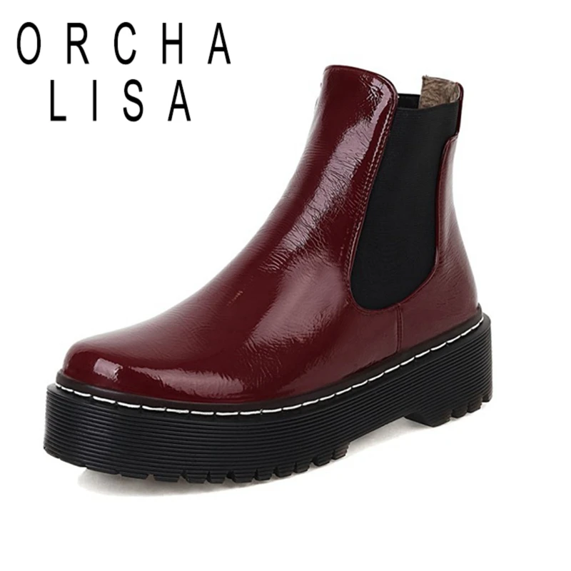 

ORCHA LISA Lady Ankle Knight Boots Platform Metal Leather Short Plush Slip On 5CM Thick Sole Block Heel Black Red Grey A4463