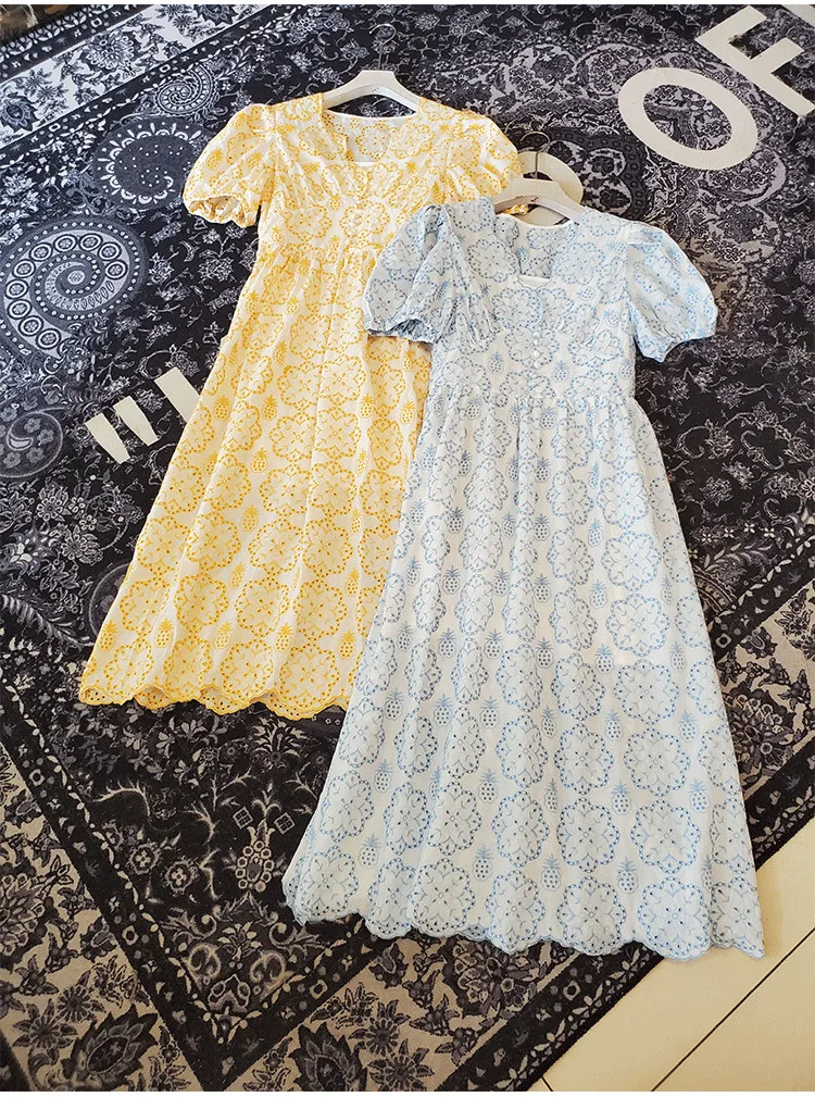 High Quality Lace Hollow Embroidery Women V Neck Puff Sleeve Holiday Long Dress 2020 Newest Summer Womans Runway Dresses Female | Женская