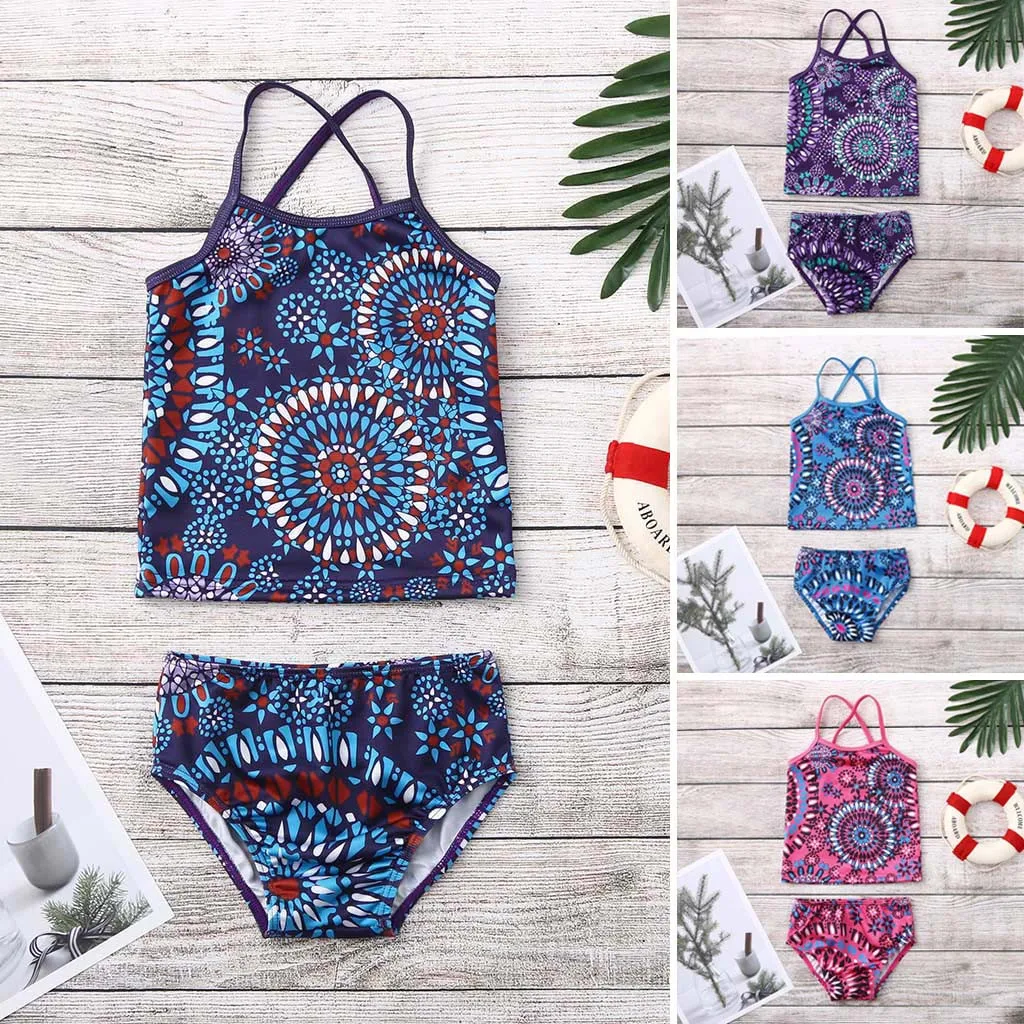 

2pcs Swimsuit For Girls Set Kids Ethnic Print Cross Sling Sleeveless Split Bikini Beachwear Bathing Children's Swimwear 2021