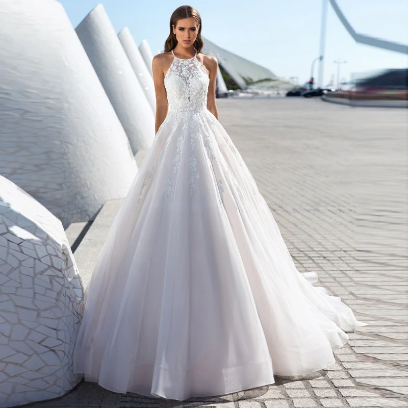 

2021 Halter Ball Gown Wedding Dress Lace Appliques Sleeveless Long Bridal Gowns Open Back Court Train Vestido De Noiva Customize