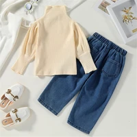 autumn warm baby 2pcs outfits kids girls solid color knitted long sleeve high collar jumper sweater top jeans with pockets
