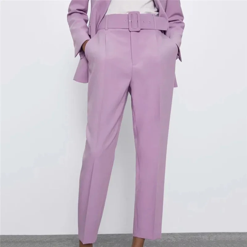 

Autumn Winter Green Suit Pants Woman High Waist Pants Sashes Pockets Office Ladies Pants Fashion Solid Trousers