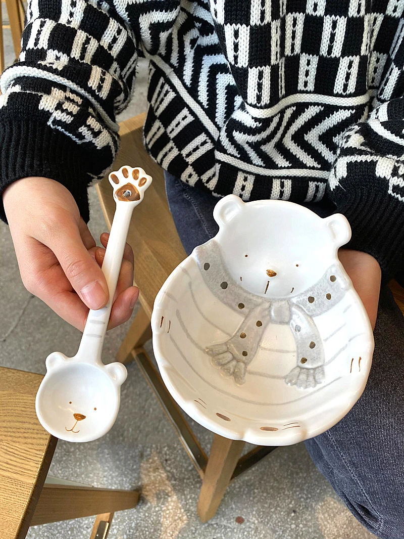 

Cute Bear Bowl Children Cartoon Ceramic Bowl Tableware Spoon Fruit Snack посуда Underglaze Vajilla Bear Bowls Plate Set