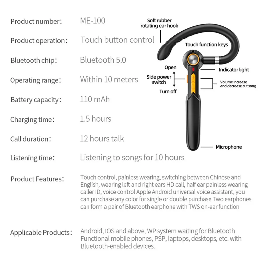 

2021 New 170H Bluetooth 5.0 Earpiece Wireless Headset Trucker Handsfree Earphone In Ear Earbud Spin Business Stereo Wholesale