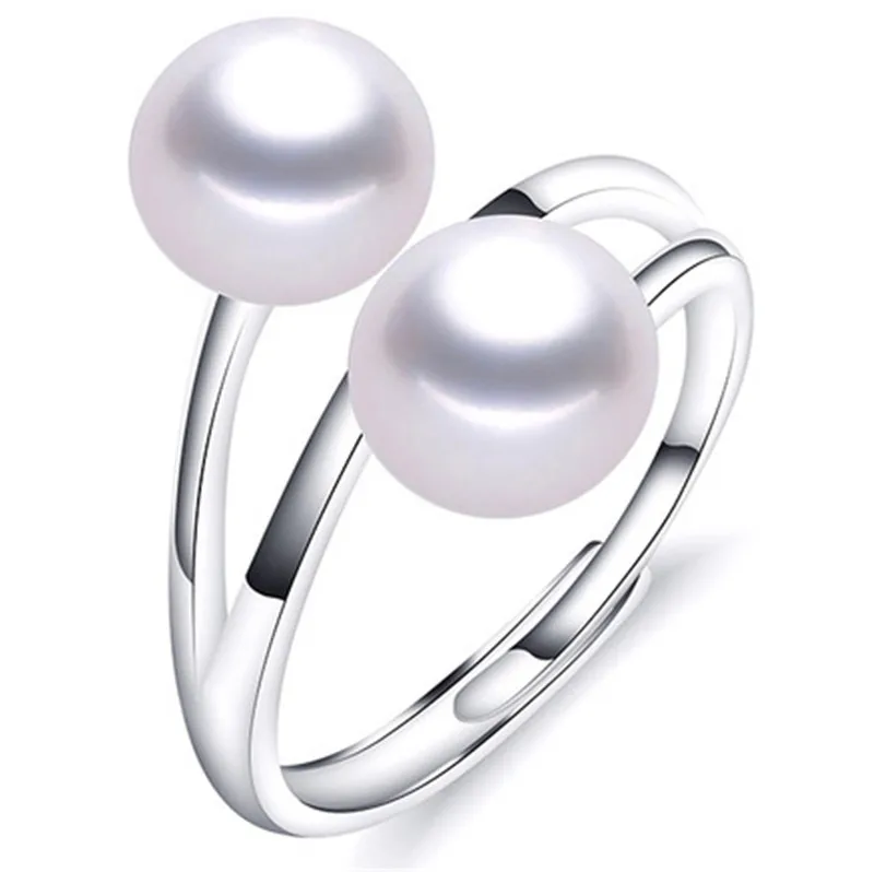 

HABITOO Natural 8-9mm White Freshwater Cultured Double Inlaid Pearls 925 Sterling Silver Adjustable Rings for Women Jewelry