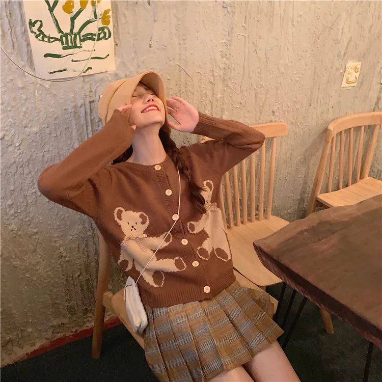 blusas mujer de moda sweet style bow cartoon single breasted o-neck cardigan Women's Clothing long sleeve Sweaters ladies |
