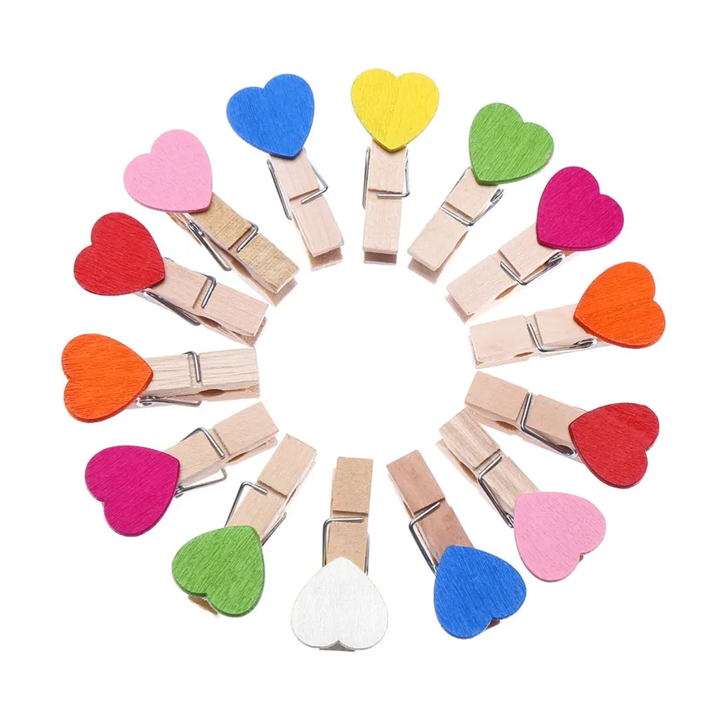 

10 Pcs Colored Mini Love Heart Wooden Office Supplies Craft Memo Clips DIY Clothes Paper Photo Peg Decoration with 2m Hemp Rope