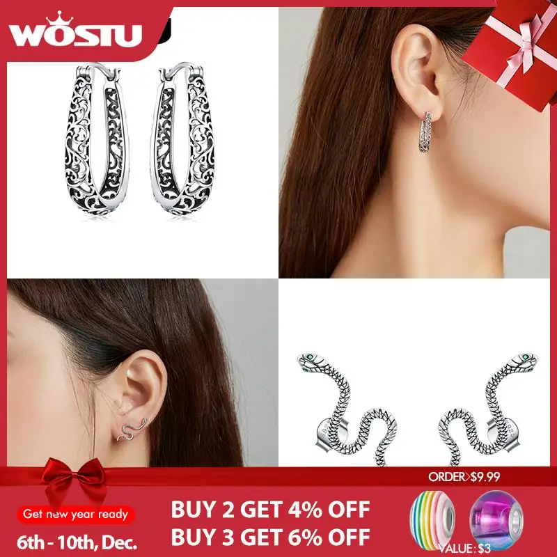 

WOSTU Real 925 Sterling Silver Vintage Vine Wreaths Snake Hoop Earrings For Women Fashion Wedding Silver Jewelry CTE466