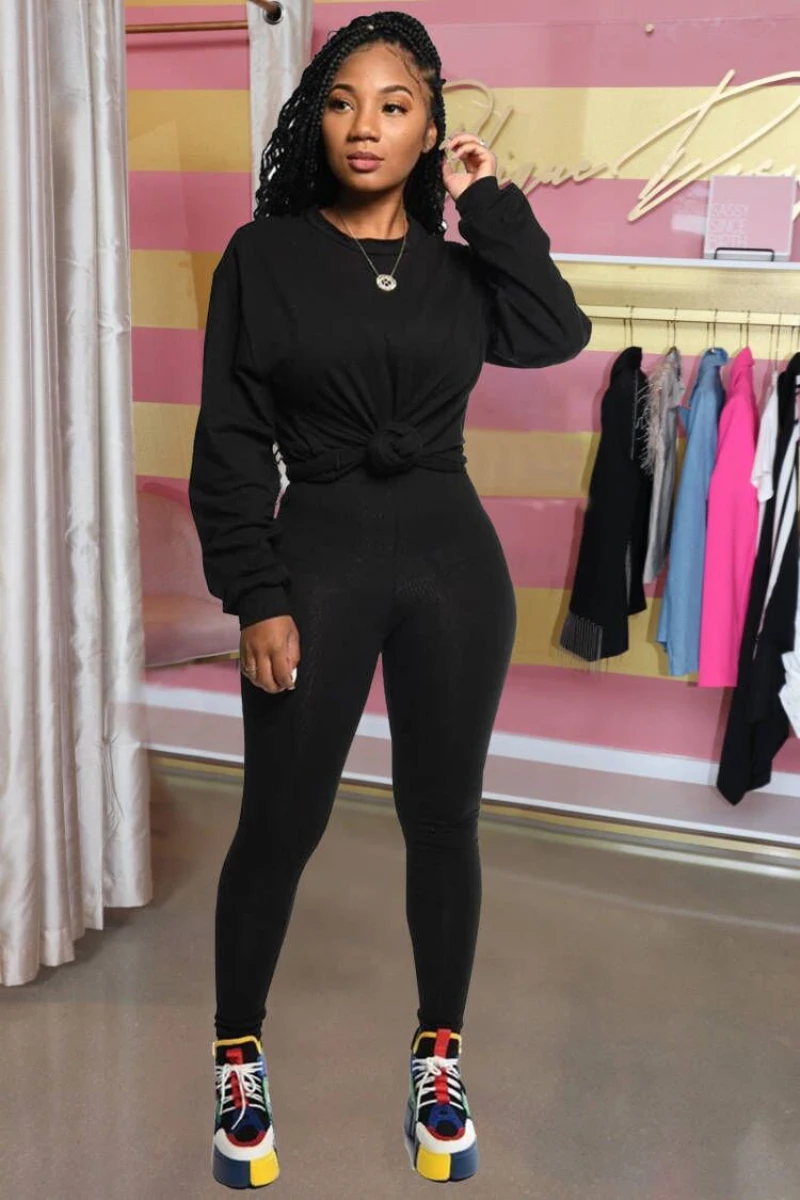 

Женский модный однотонный пуловер с круглым вырезом и рукавами-фонариками топ с эластичным поясом брюки-карандаш облегающий костюм на осен...