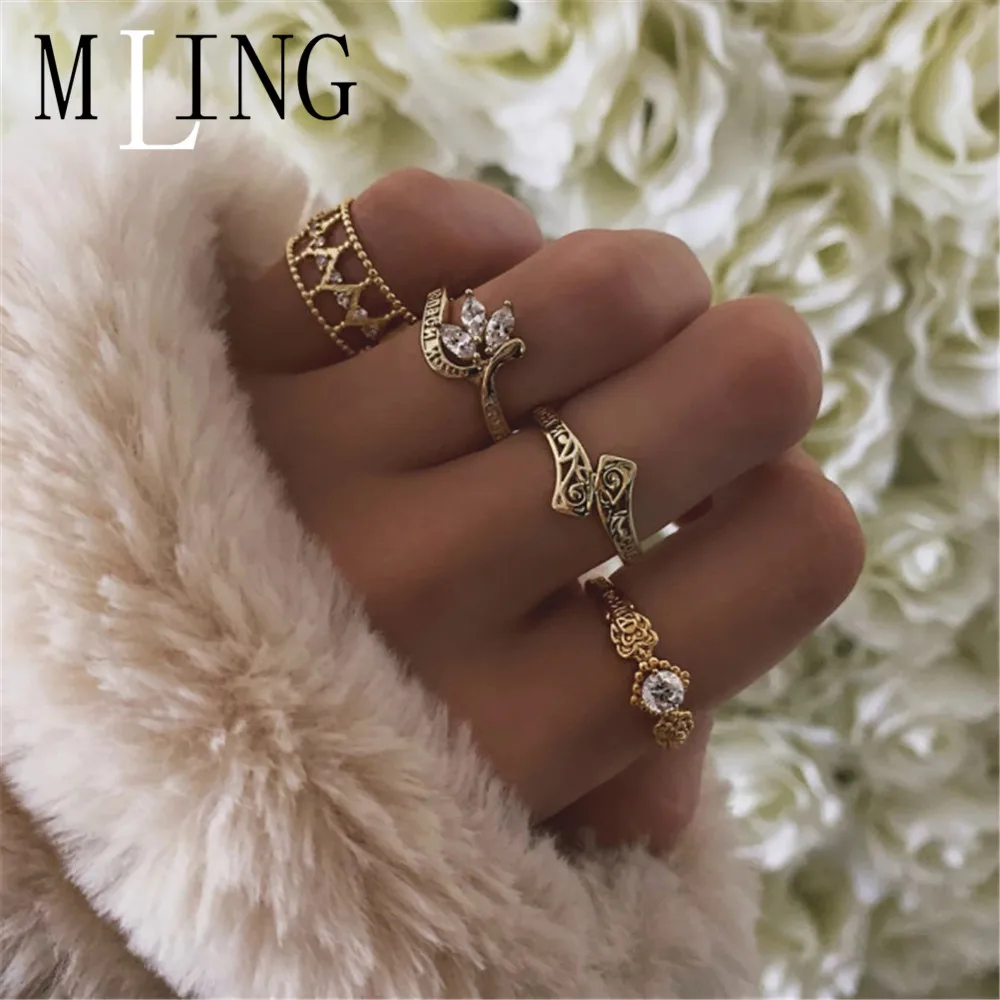 MLING 4 шт./компл. Винтаж из золотого сплава набор колец с кристаллами в богемном