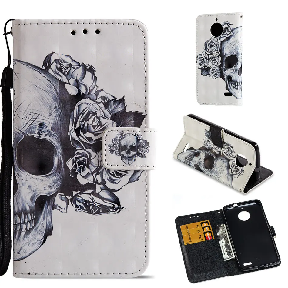 luxury leather flip case for motorola moto c g5s plus e4 g5 play owl skull pony flower cover stand phone case capa p03e free global shipping
