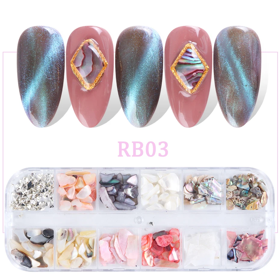 RB03 12 сеток градиентные украшения для ногтей смешанные раковины Abalone блестки срез камня талисманы для дизайна ногтей хлопья аксессуары советы CHRB01-04 - Цвет: RB03