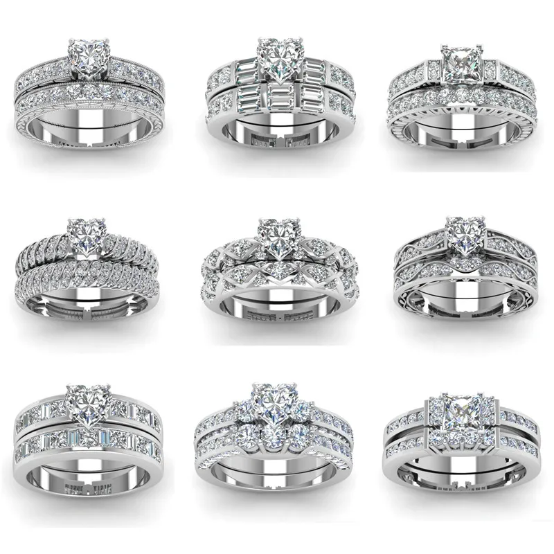 

FDLK NEW Exquisite Women's Jewelry Princess Cut Ring Silver Color Bridal Wedding Engagement Ring Set Anniversary Jewelry