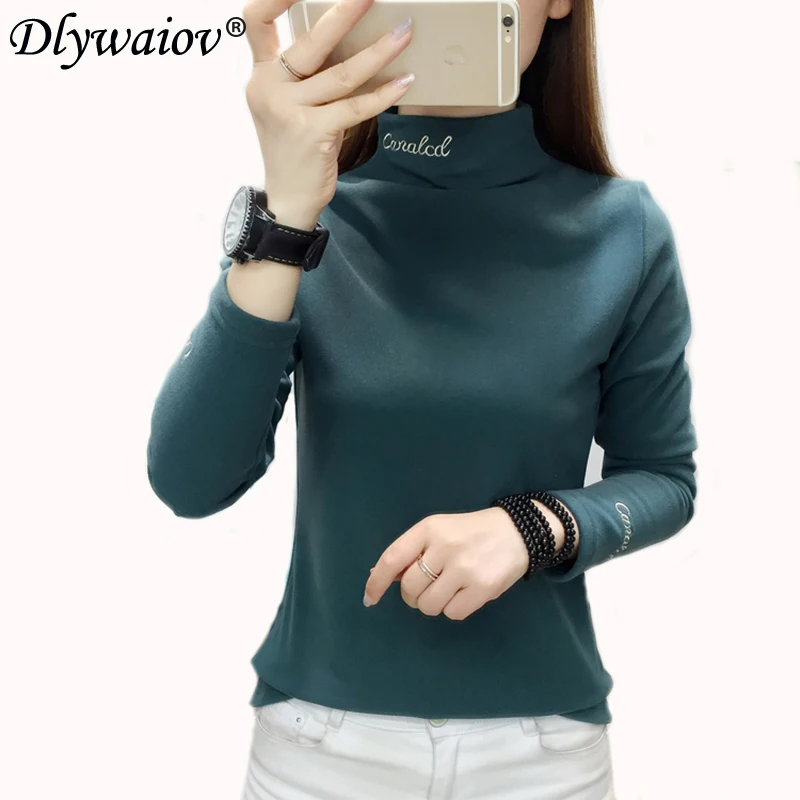 

Женская футболка с Вышивкой Букв и высоким воротником, толстая футболка с длинным рукавом, женские универсальные футболки, топы, осенне-зим...