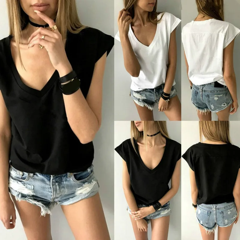Футболка женская с коротким рукавом и V образным вырезом|camiseta feminina|loose tshirtwomen t shirt |