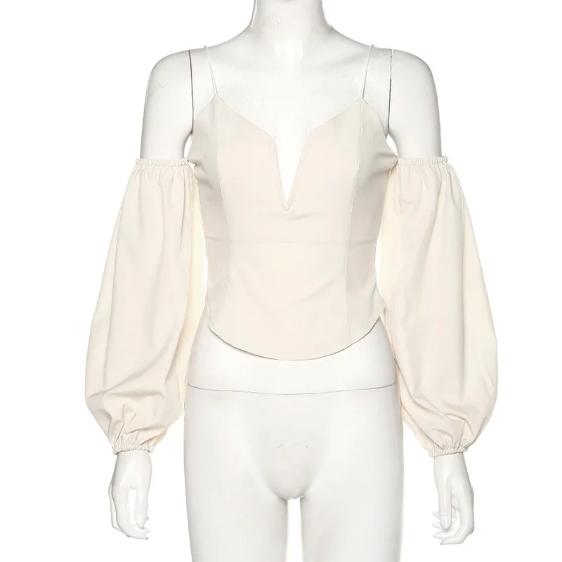 

Baccarin lantern sleeve off shoulder women strap crop top t shirt elegant 2020 summer clothes party v neck bodycon sexy club