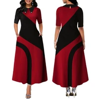 hot sales turn down collar side pockets maxi dress retro large hem contrast color half sleeve women dress female clothing