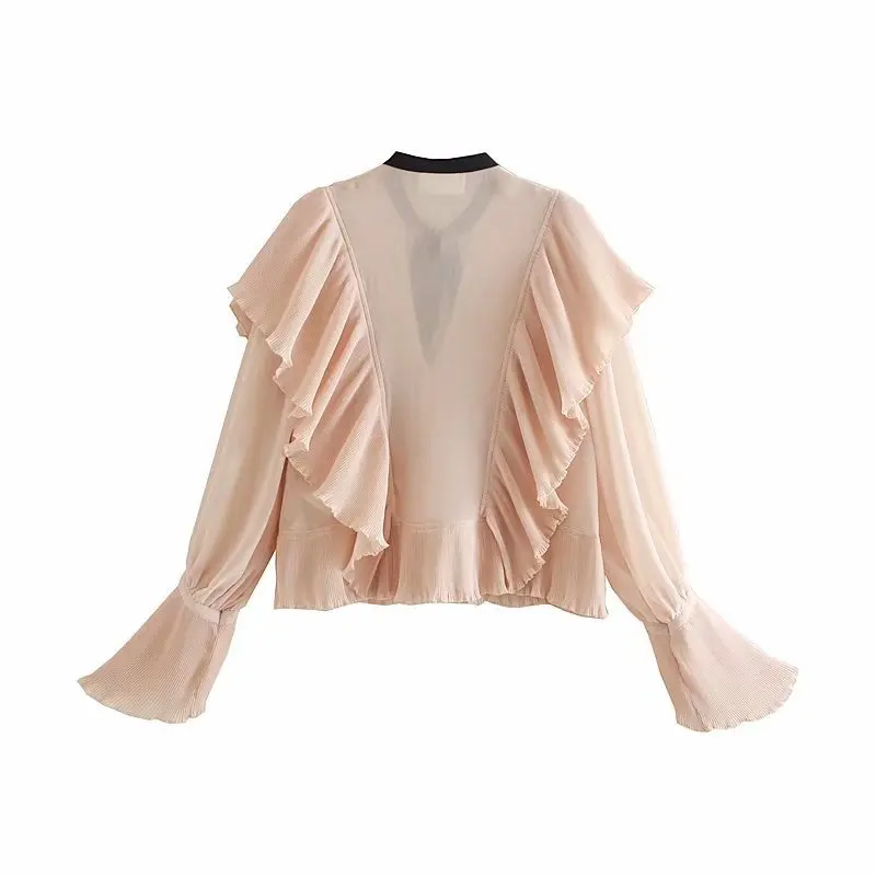 Элегантная Прозрачная женская блузка с V образным вырезом и оборками шифоновая