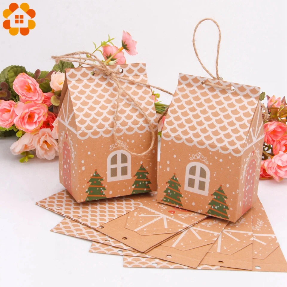 

1set House Shape Christmas Candy Gift Bags With Ropes Xmas Tree Cookie Bags Merry Christmas Guests Packaging Boxes Party Decor