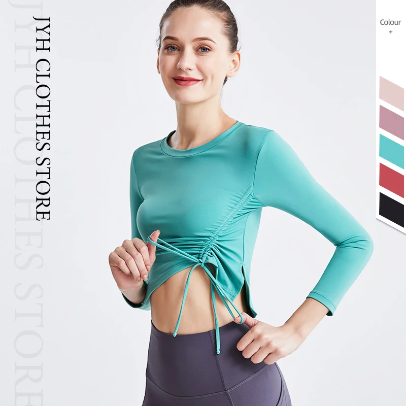

New Sport Top Women Fitness Jersey Gym Long Sleeve Breathable Yoga Crop Top Female Side Drawstring Running Workout Tops T-shirt