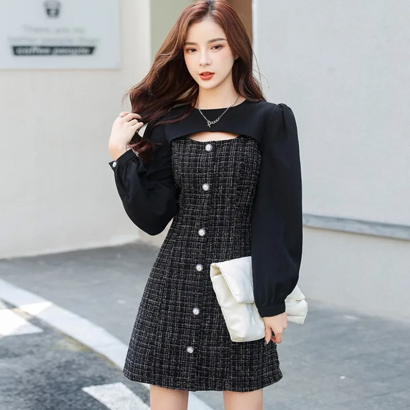 

Fashion Runway Tweed Party Dress 2021 Autumn Women's Korean Fake two Splicing Elegant Office A-Line Dress Vestidos Da Festa