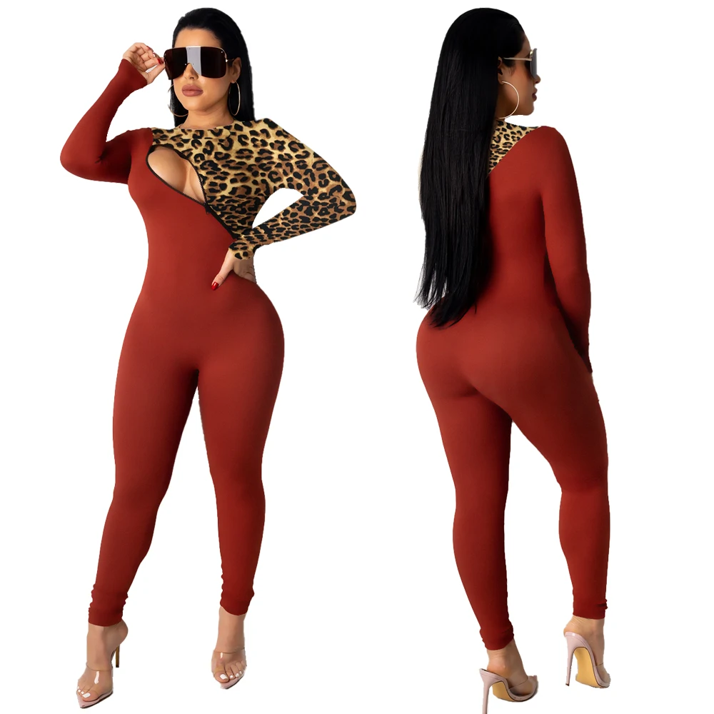 Winter Women Spring Jumpsuits Leopard Patchwork Zipper Full Sleeve Outfits Sexy Rompers Club Night Party Sporty One Piece GL8097 |