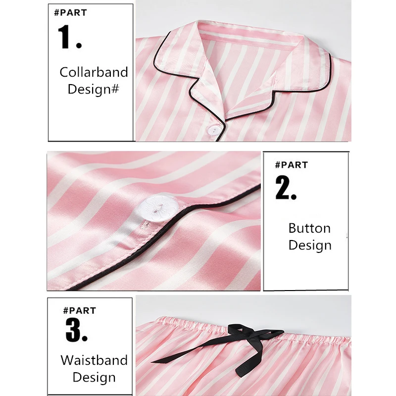 CAIYIER Autumn Winter New Women Faux Silk Pajamas Set 2Pcs Satin Stripes Polka Dot Printed Long Sleeve Night-Robe Sexy Sleepwear