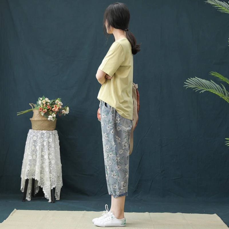 2020 летние тонкие винтажные джинсы с цветочным принтом женские пляжные Капри