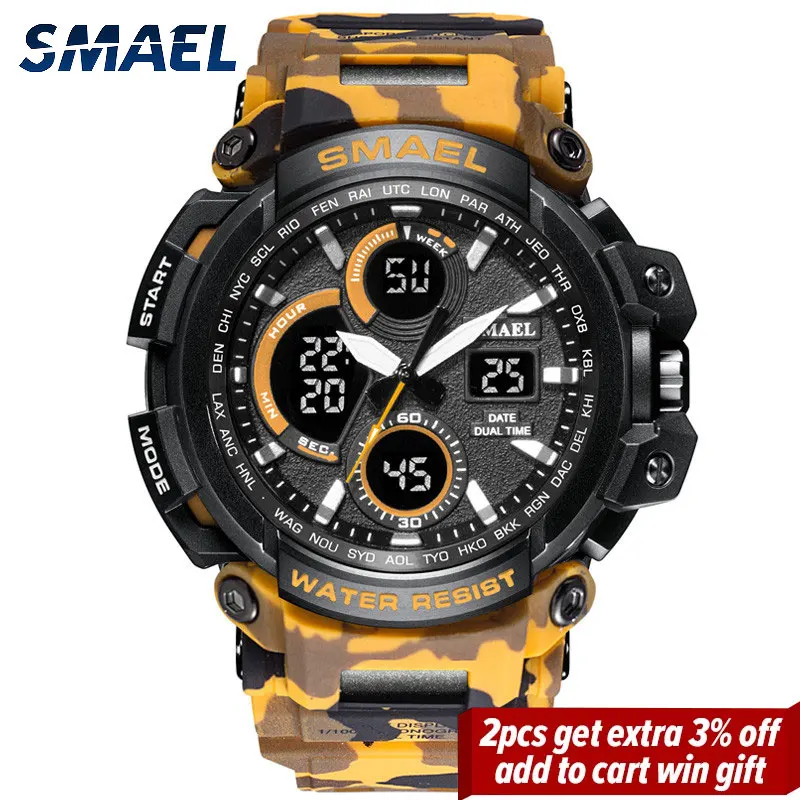 

SMAEL Sport Watches Digital Military Watch Men Camouflage 50M Waterproof Alarm Mens relogio masculino Luxury Brand Fishing Clock
