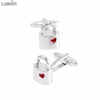 laidojin lock cufflinks for mens shirt cuff bottons high quality red hearts enamel cufflinks love fashion jewelry design