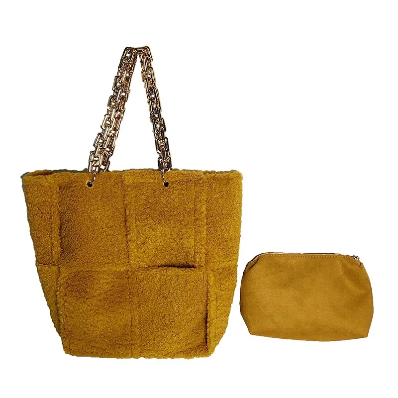 

fashion lambswool overlarge women shoulder bags designer thick chain handbags luxury faux fur messenger bag plush tote big purse