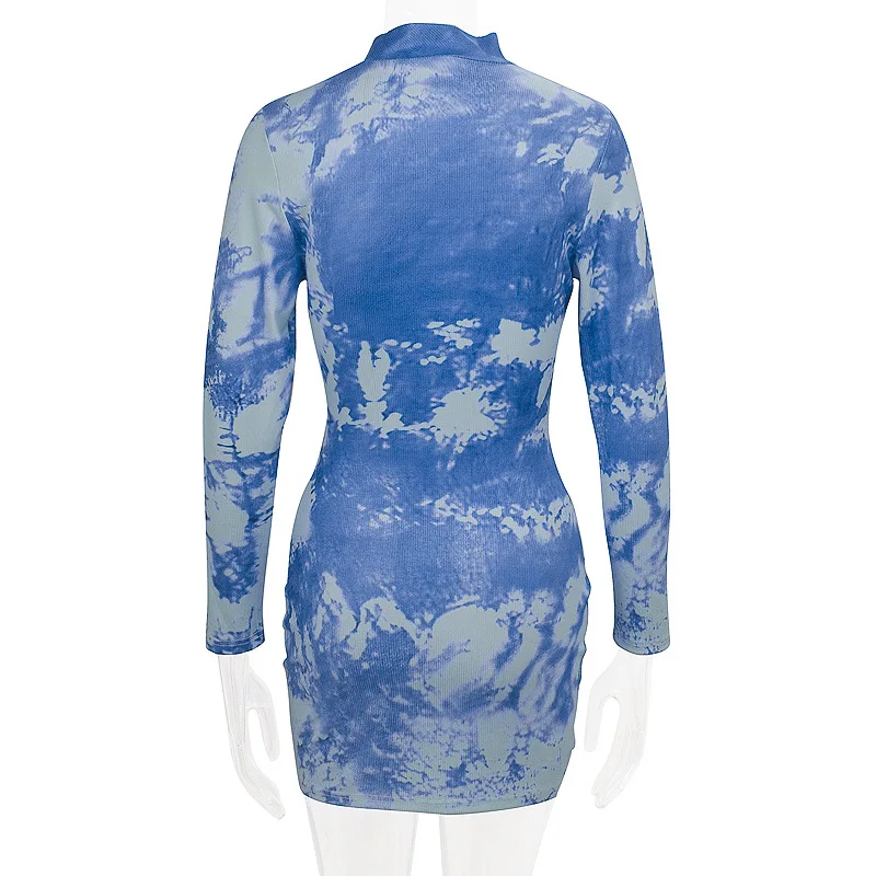 

hirigin Solid Bodycon Women Dress Sexy Long Sleeve Mini Women Dress Printing Blue Tight Club Party Dress 2021 Clothing
