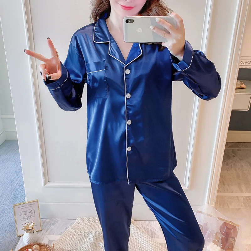

Spring / Summer Pajamas For Women 2021 Long-Sleeved Ladies Ice Silk Pajamas Plus Bottoms Size Sleep Nightwear Homewear Suit
