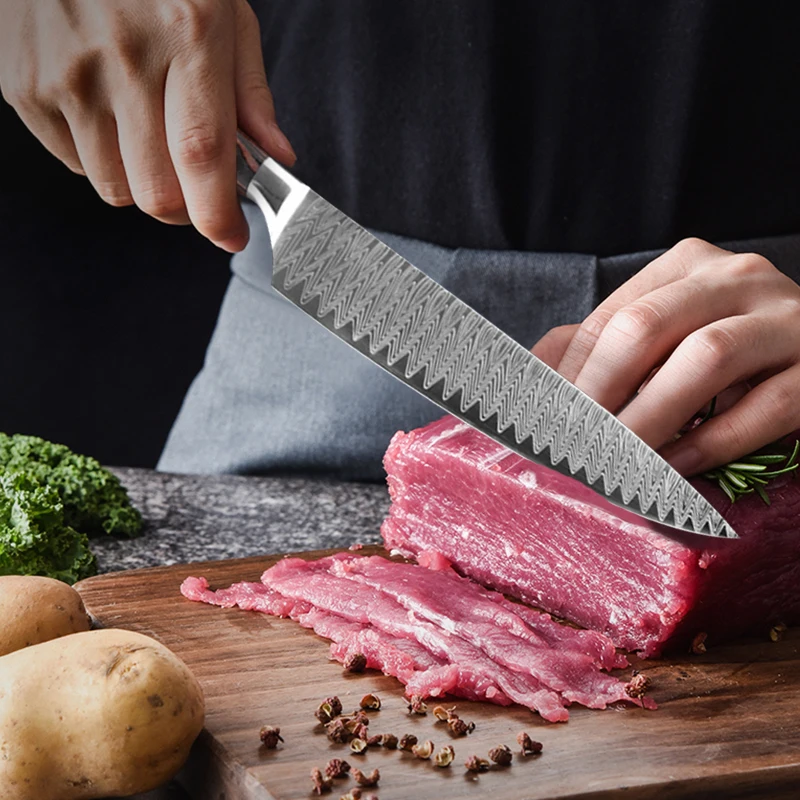 Кухонный нож шеф-повара из дамасской стали с лазерным узором зеркальный 8 дюймов