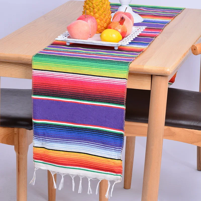 14x84 Inch Mexican Serape Table Runner Cloth Cover For Mexican Tablecloth Party Wedding Decoration Fringe Cotton Table Runner