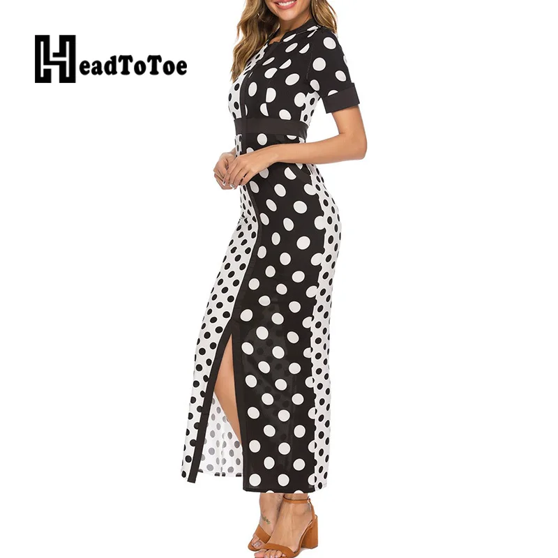 

Dot Print Colorblock Pocket Design Slim Waist Maxi Dress Women Short Sleeve Sexy Slit Party Dress