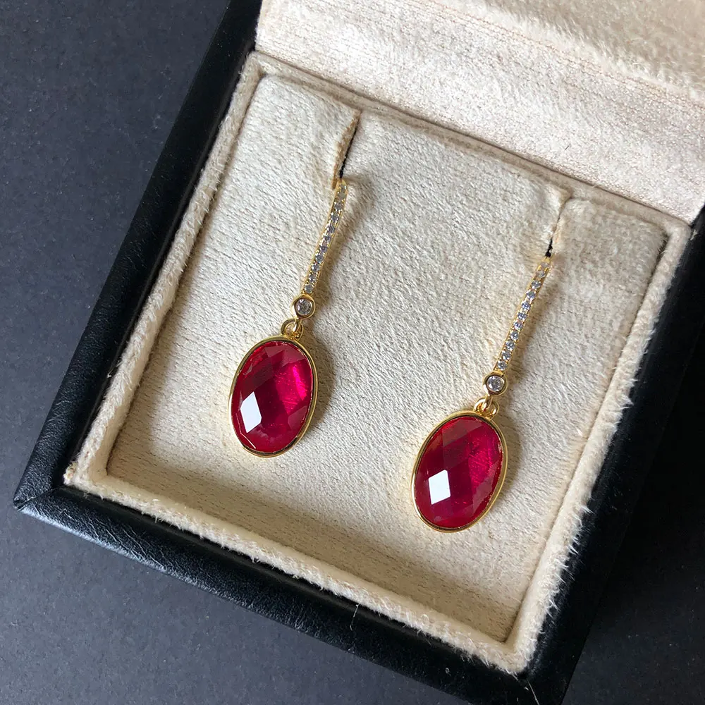 

100% 925 Sterling Silver Gold color Vintage Natural Ruby Gemstone Dangle Drop Earrings For Women Anniversary Christmas Gifts