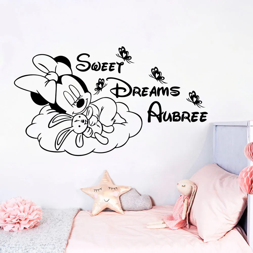 

Disney Minnie Mouse Custom Name Wall Stickers For Kids Room Girl Bedroom Accessories Nursery Decor Wall Decal Sweet Dreams