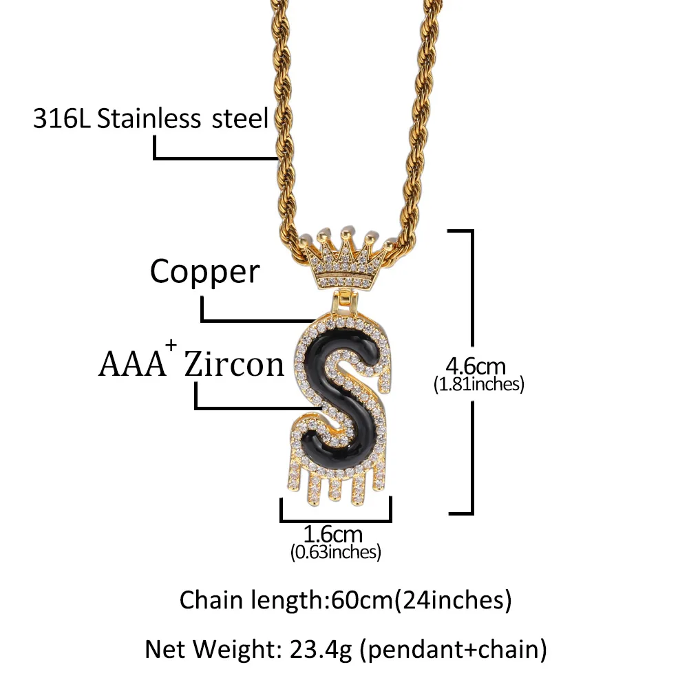 

New HipHop Iced Out Bling A-Z Drip Crown 26 Letters Black Enamel Necklaces Copper Cubic Zircon Stone Pendant Rope Chain For Men